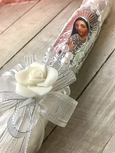 Miniatura 9 de OOKi - Vela de bautismo, flores, cristales, cruz de encaje y cinta, bautizo, día de bendición, vela de comunión, vela de ceremonia de bautizo (azul)