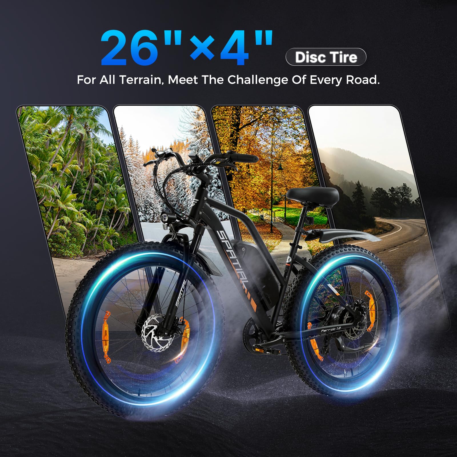 SPATIAL Vélo électrique Fat Tire de 66 cm, moteur 250 W, batterie 48 V 13 Ah 624 Wh, couple de 80 Nm, assistance au pédalage à 5 niveaux, vélo électrique de montagne à 7 vitesses pour adultes