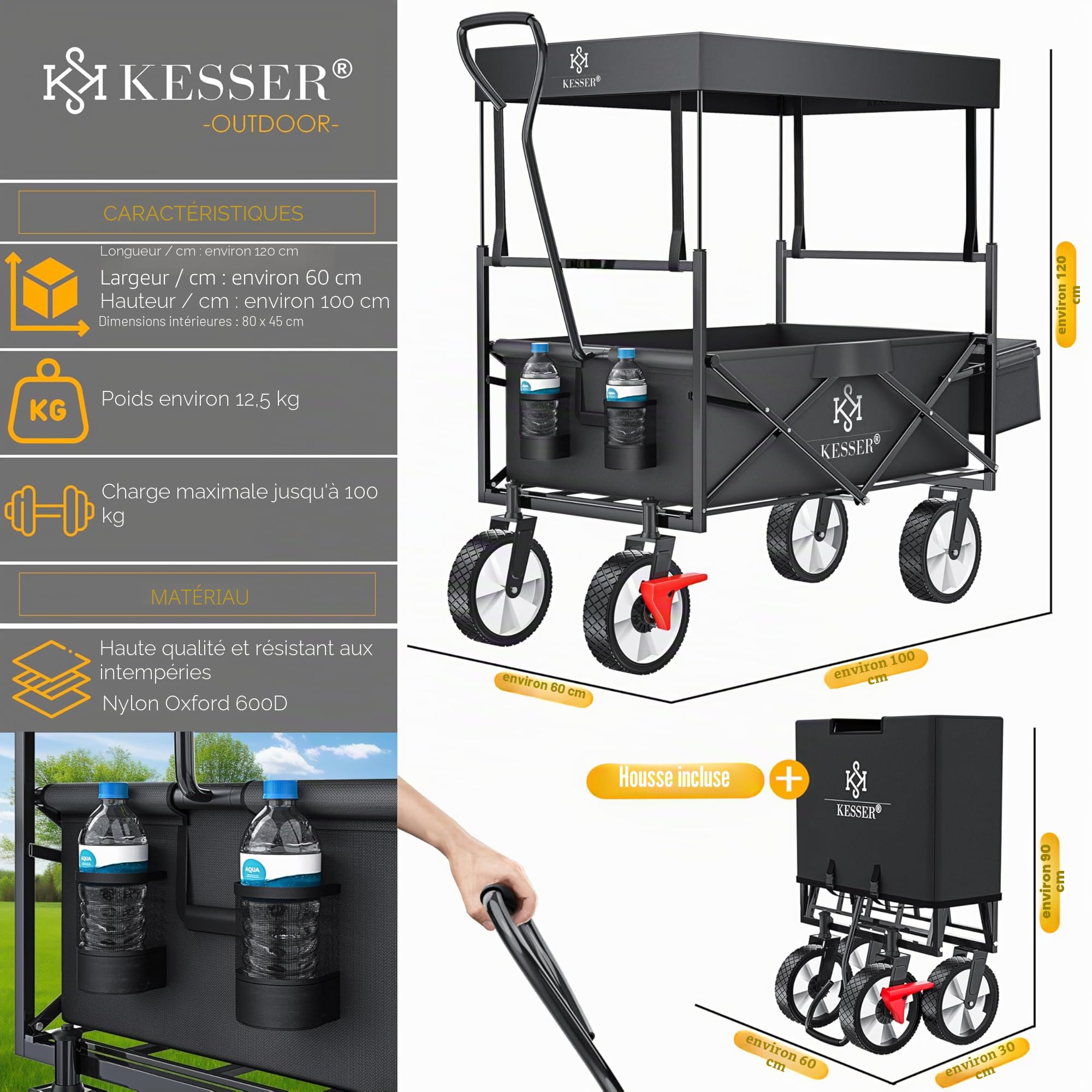KESSER® Chariot de Transport Pliable avec Toit, Charrette à Bras, Chariot à Roulettes, 2 Poches Mesh
