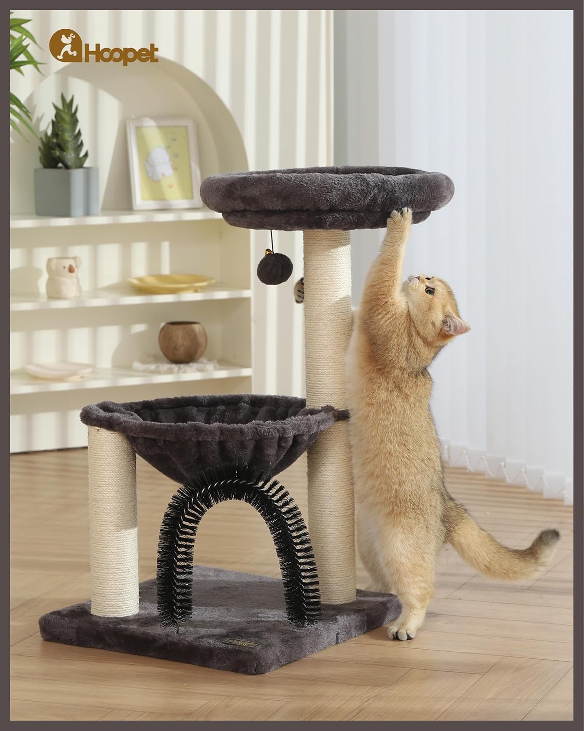 FluffyDream Cat Tree Tower for Indoor Cats, 27.8 Inches Multi-Level Cat Tree with Scratching Posts Plush Basket & Perch for Play Rest, Cat Activity Tree with Dangling Ball for Kittens/Small Cats