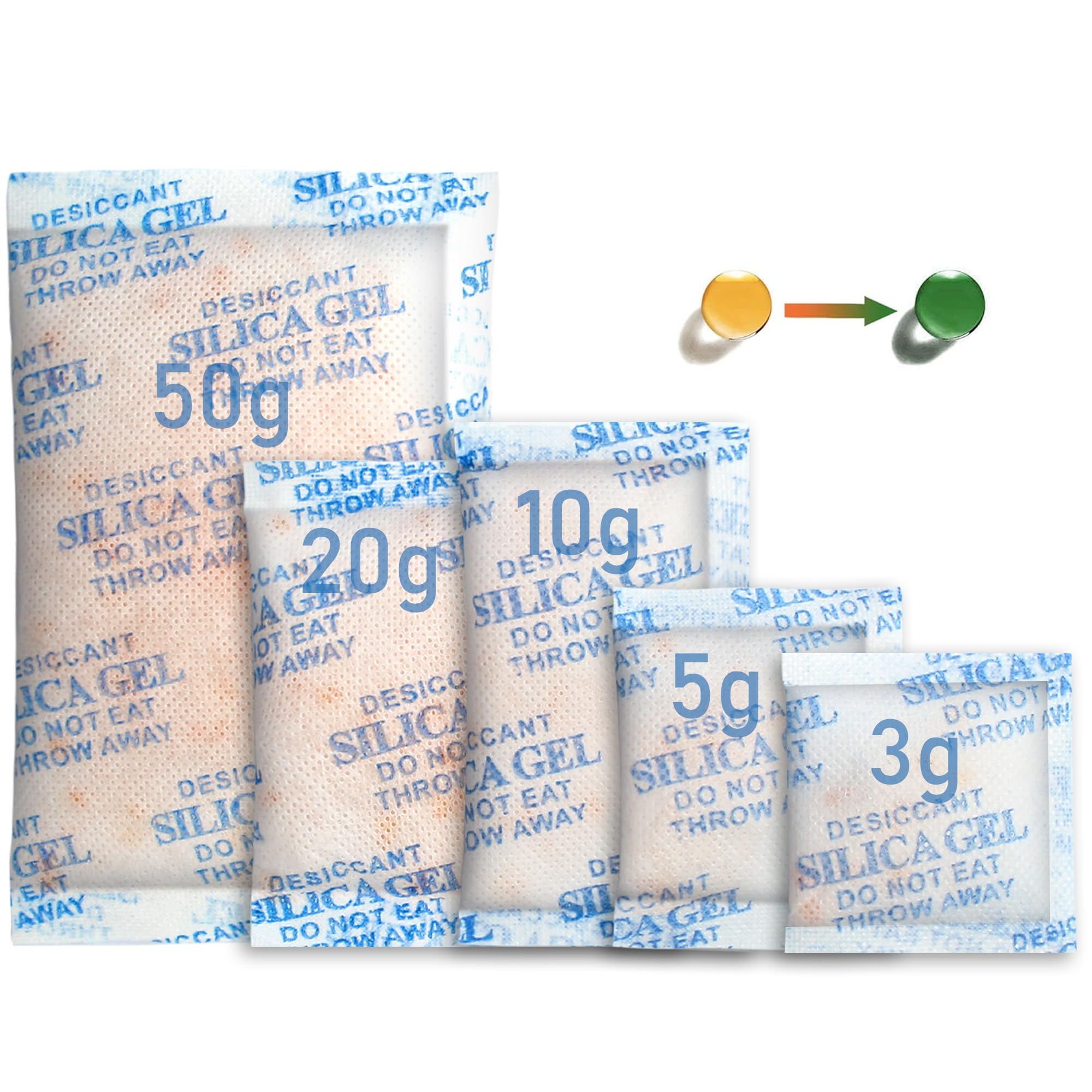 LotFancy Silica gel Desiccant, Assorted Sizes (3/5/10/20/50 Gram) Silica Gel Packets, 100Packs Total, Rechargeable Desiccant Packets with Orange Color Indicating, Food Safe