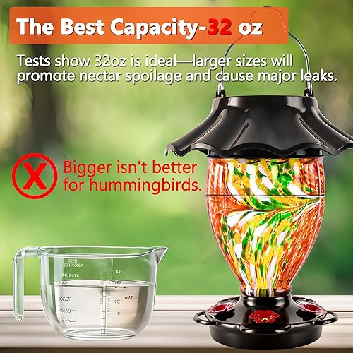 Miniatura 10 de LUJII Comedero solar para colibríes para colgar en el exterior, vidrio soplado a mano en forma de trofeo, resistente a la intemperie, linterna