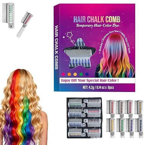 Festive Fun - Peines de tiza para el cabello, peine temporal de tiza para el cabello, 8 colores lavables, tinte de color para el cabello (1 unidad)