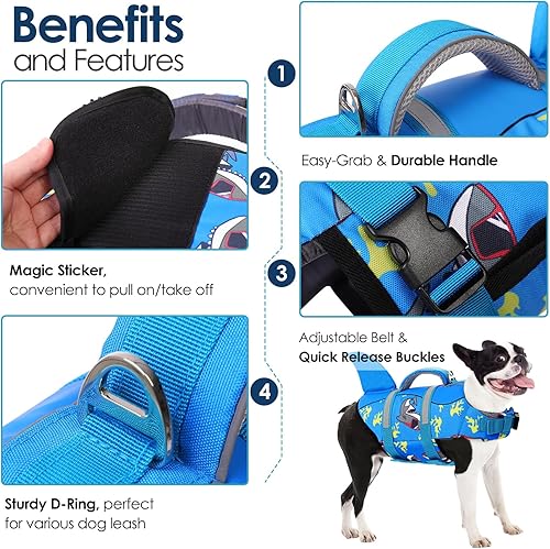 Vista 25 de AOFITEE Chaleco salvavidas para perros, ajustable, de ripstop con asa de rescate para perros pequeños, medianos y grandes, 5 tamaños, s, Salvavidas