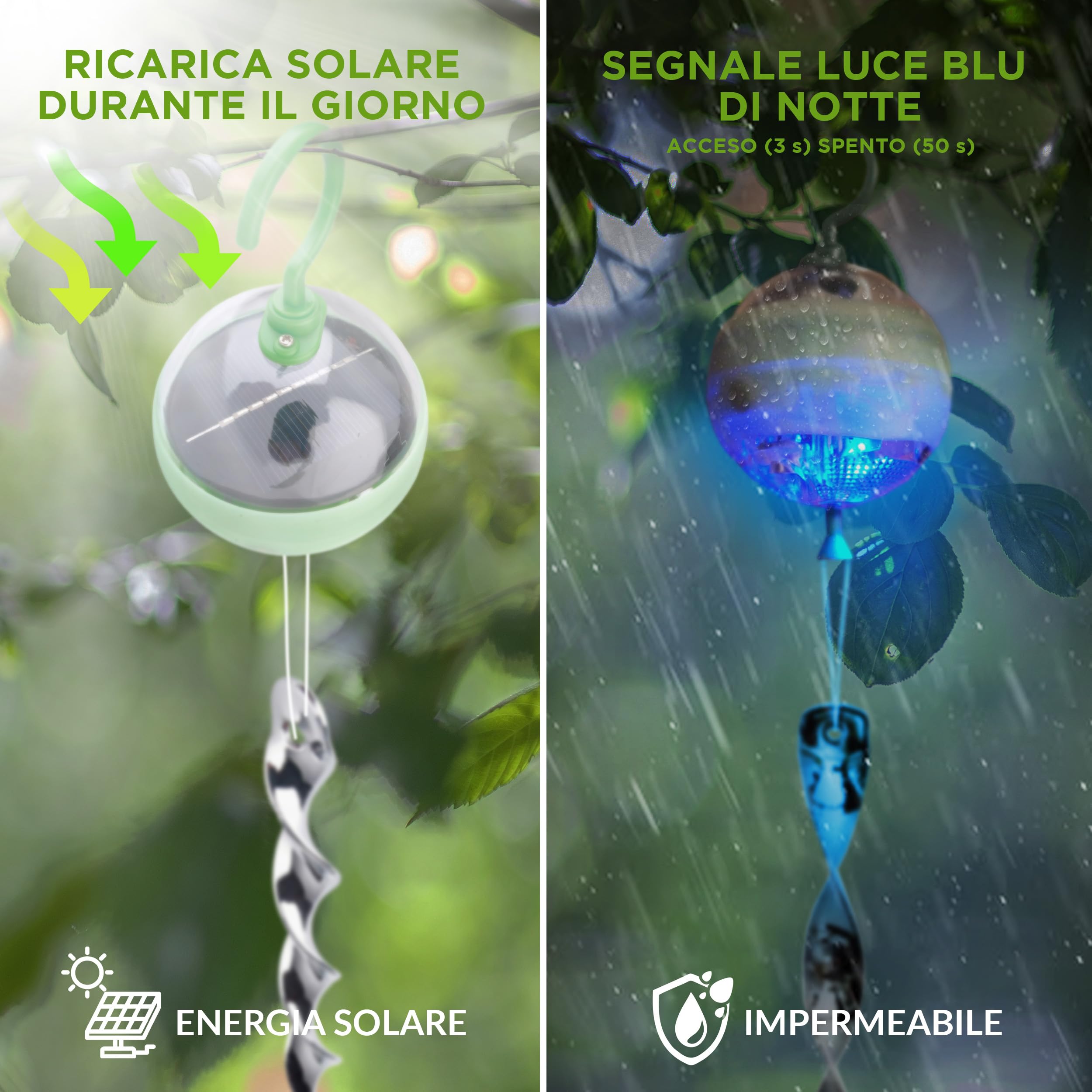 ISOTRONIC dissuasore solare uccelli 4in1 movimento ultrasuoni luce blu riflettori argentati piccioni balcone giardino 4 pezzi efficace esterno protezione difesa stop volatili ecologico decorativo