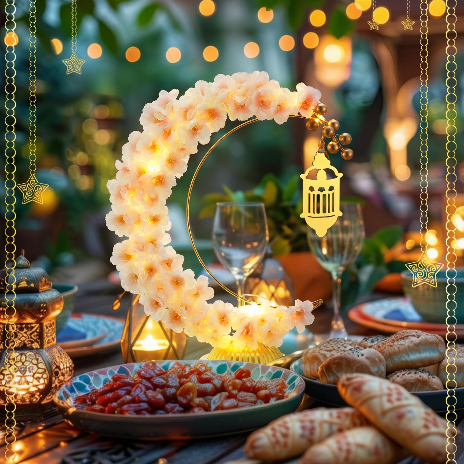 Yookeer Decorazioni per il Ramadan Eid Mubarak, ghirlande illuminate a forma di luna con castello per camino, ufficio, camera da letto, feste, feste musulmane, decorazione da tavolo per la casa
