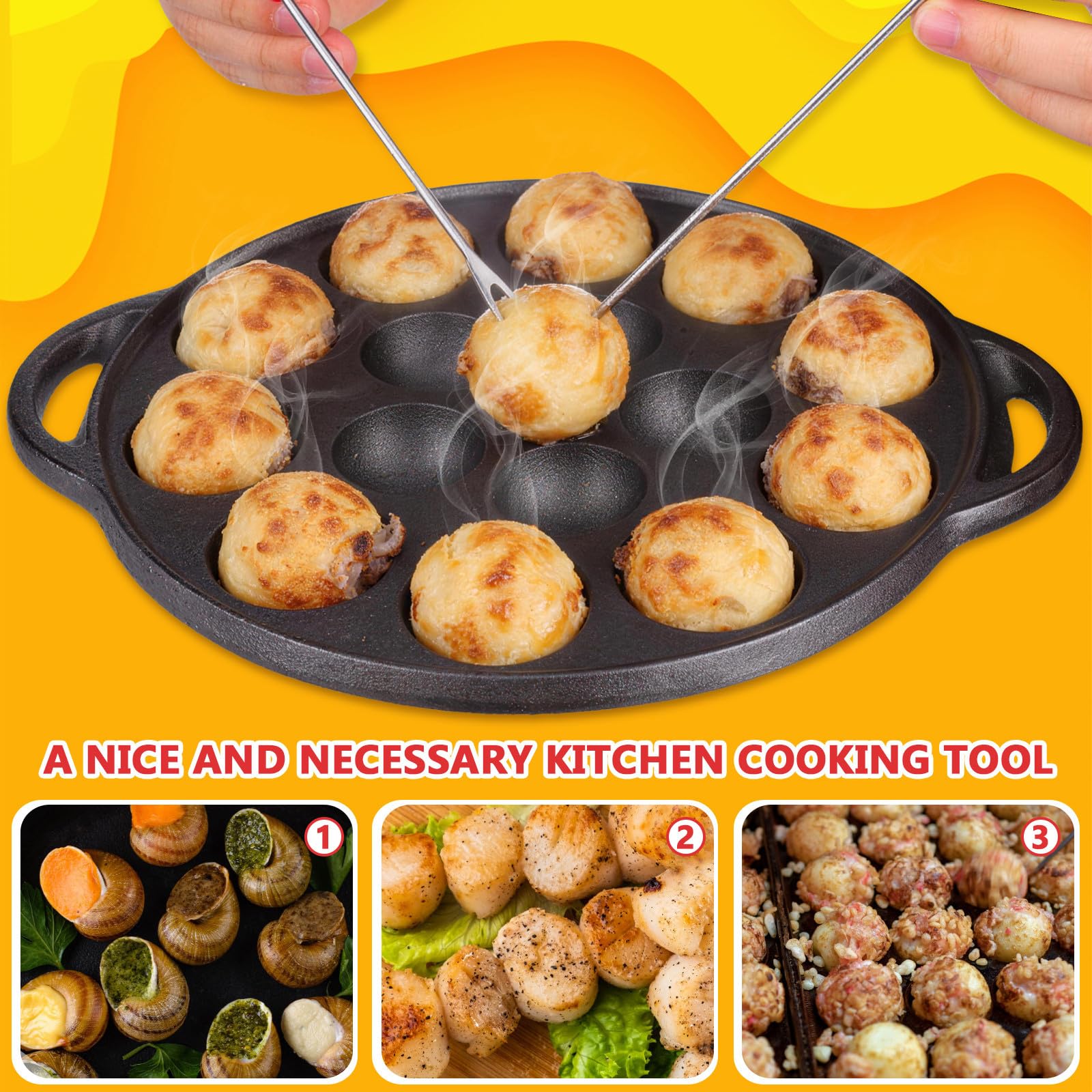Zerodeko Poêle à Frire en Fonte Épaisse Multifonction 15 Trous pour Escargots et Boulettes, Ustensile Cuisine Maison, 2 Fourchettes en Acier et Pinceau à Huile, Usage Couleur Aléatoire
