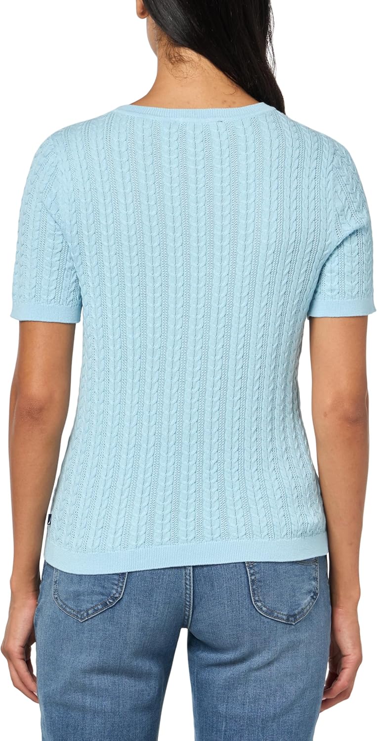 Nautica Womens Short Sleeve Crew Neck Cable Solid Sweater - Image 2