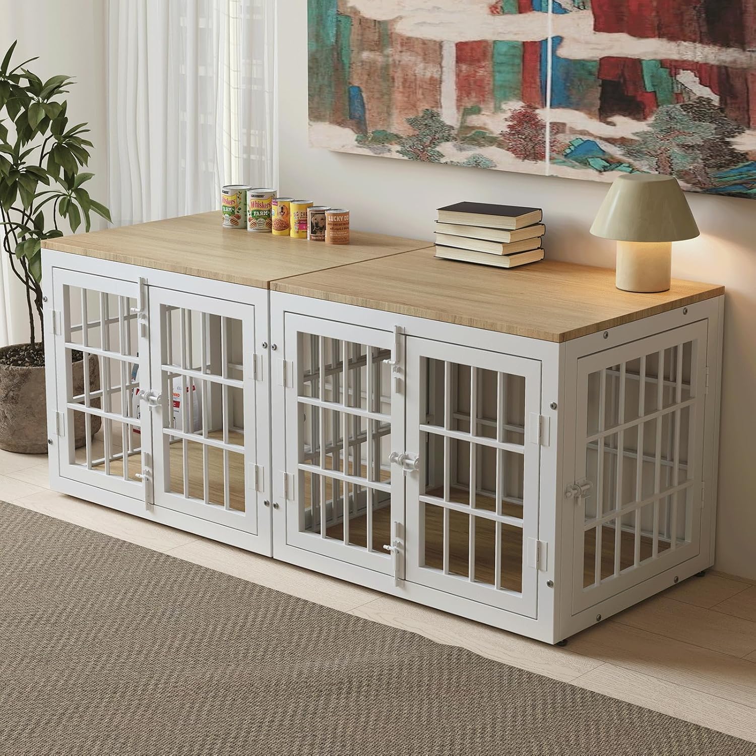 26 Inch Heavy Duty Dog Crate Furniture for Small Dogs, Decorative Pet House End Table, Wooden Cage Kennel Furniture Indoor, White and Natural