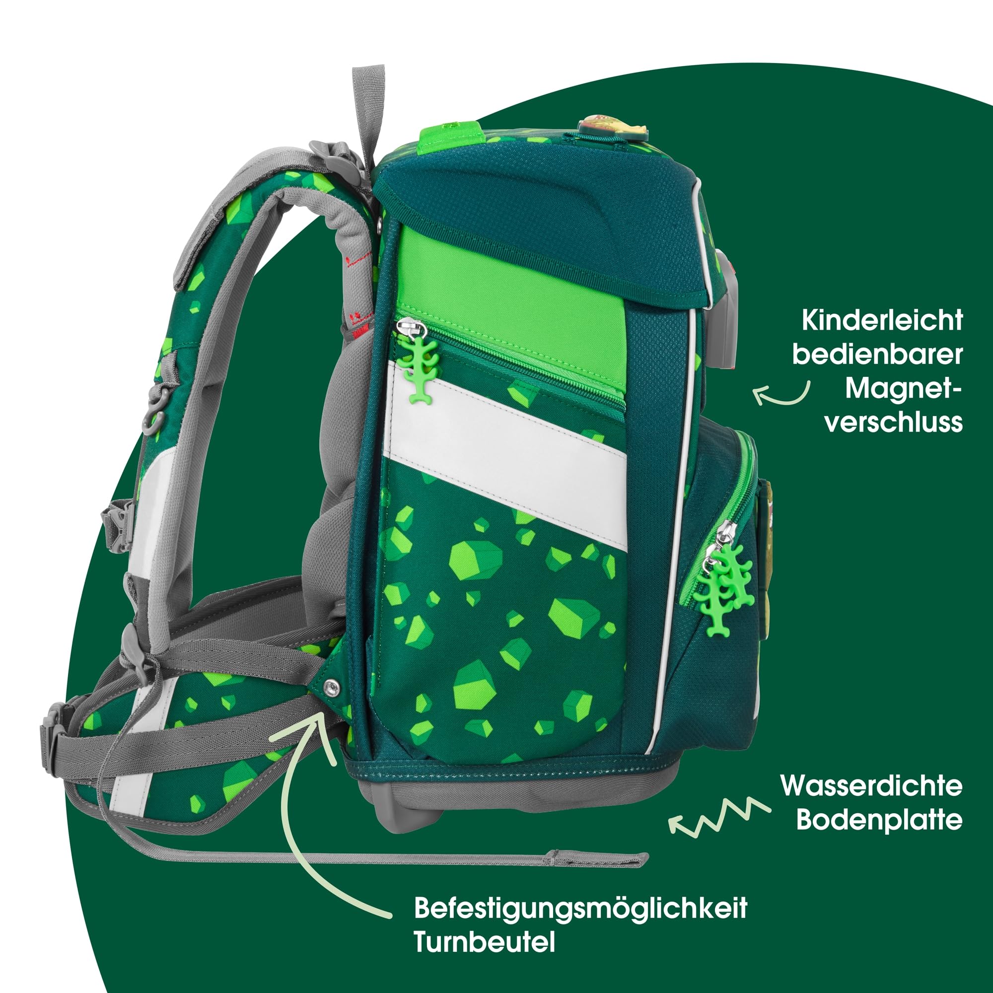 Step by Step Schulranzen-Set SPACE „Dino Targo“ 5-teilig, grün, Dino-Design, ergonomischer Tornister mit Reflektoren, höhenverstellbar mit Hüftgurt für Jungen ab der 1. Klasse, 20L