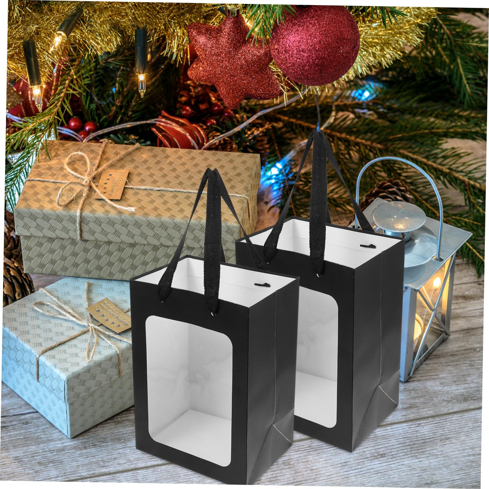 Schwarze Geschenktüten mit Fenster und Henkeln, 12 Stück, Papier