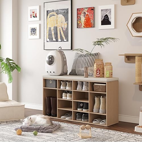 Miniatura 17 de DINZI LVJ Banco organizador de zapatos con cojín, zapatero de 9 cubos y estantes ajustables, multifuncional, para salas de estar, dormitorio, Gris