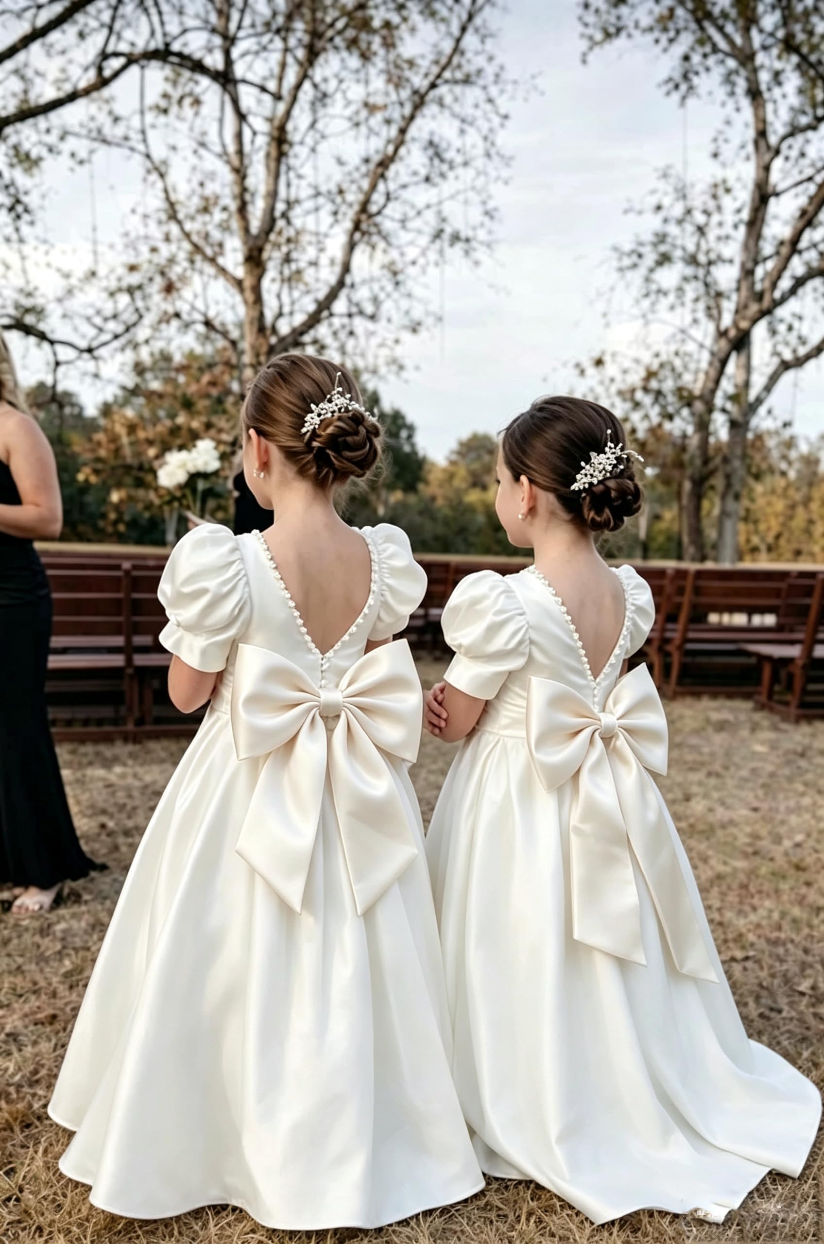 Vestido de niña de Flores de satén Blanco con Cuello Perlado, Espalda en V, Vestido Largo de comunión con Mangas Cortas abullonadas, Vestidos Formales de Boda.