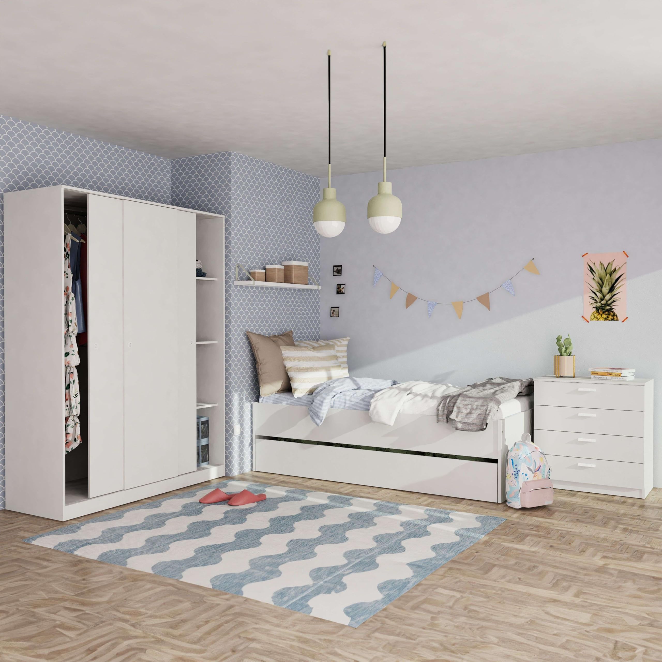 Miroytengo Pack Muebles Dormitorio Juvenil Tibet Estilo Contemporáneo en Color Blanco Mate | Cama 105x190 cm + Armario + Cómoda