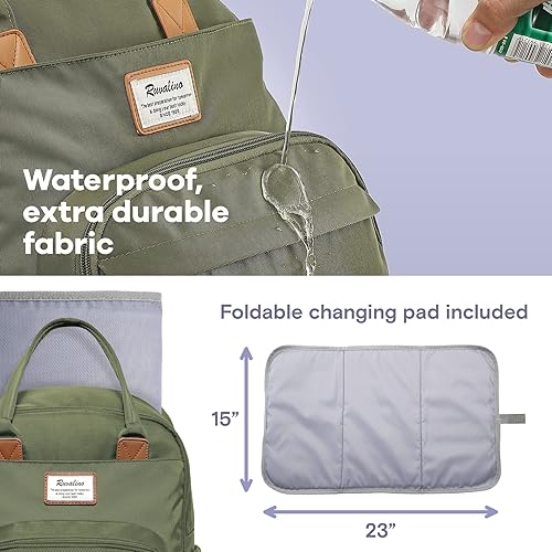 Miniatura 7 de RUVALINO Mochila para pañales mochila de viaje multifunción bolsa cambiadora de bebé gran capacidad impermeable y elegante verde militar