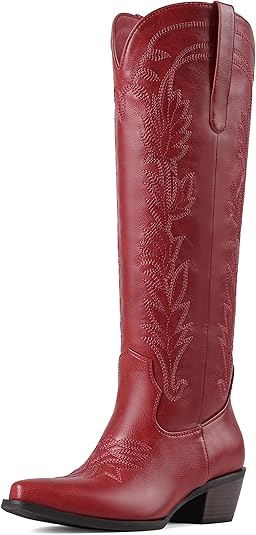 femflame Red Western Boots Cowboy Boots for Women Embroidery Cowgirl Boots Pull on Leather Knee High Boot with Zipper Pointed Toe Chunky Heel Snip Toe