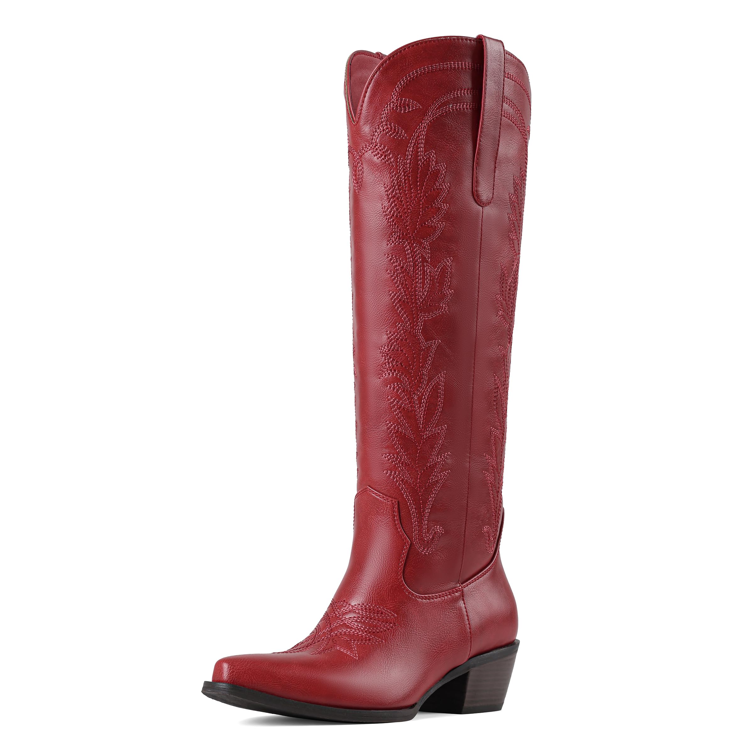 femflame Black Cowboy Boots for Women Knee High Boots with Pointed Toe Chunky Heel Pull On Zipper Embroidery
