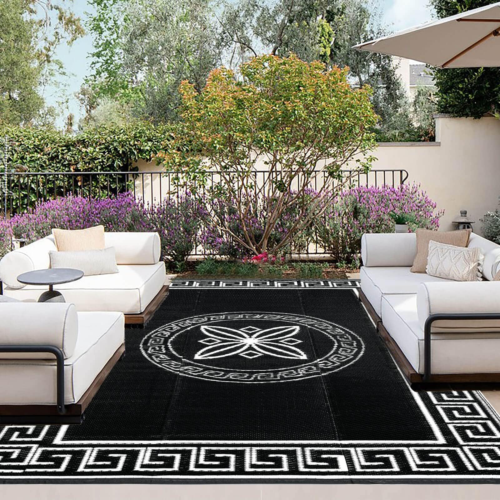 OutdoorLines Outdoor Reversible Rugs for Patio 5x8 ft - Plastic Area Rug, Stain & UV Resistant Portable RV Carpet, Plastic Straw Mats for Porch, Pool Deck and Camping Quatrefoil/Black & White