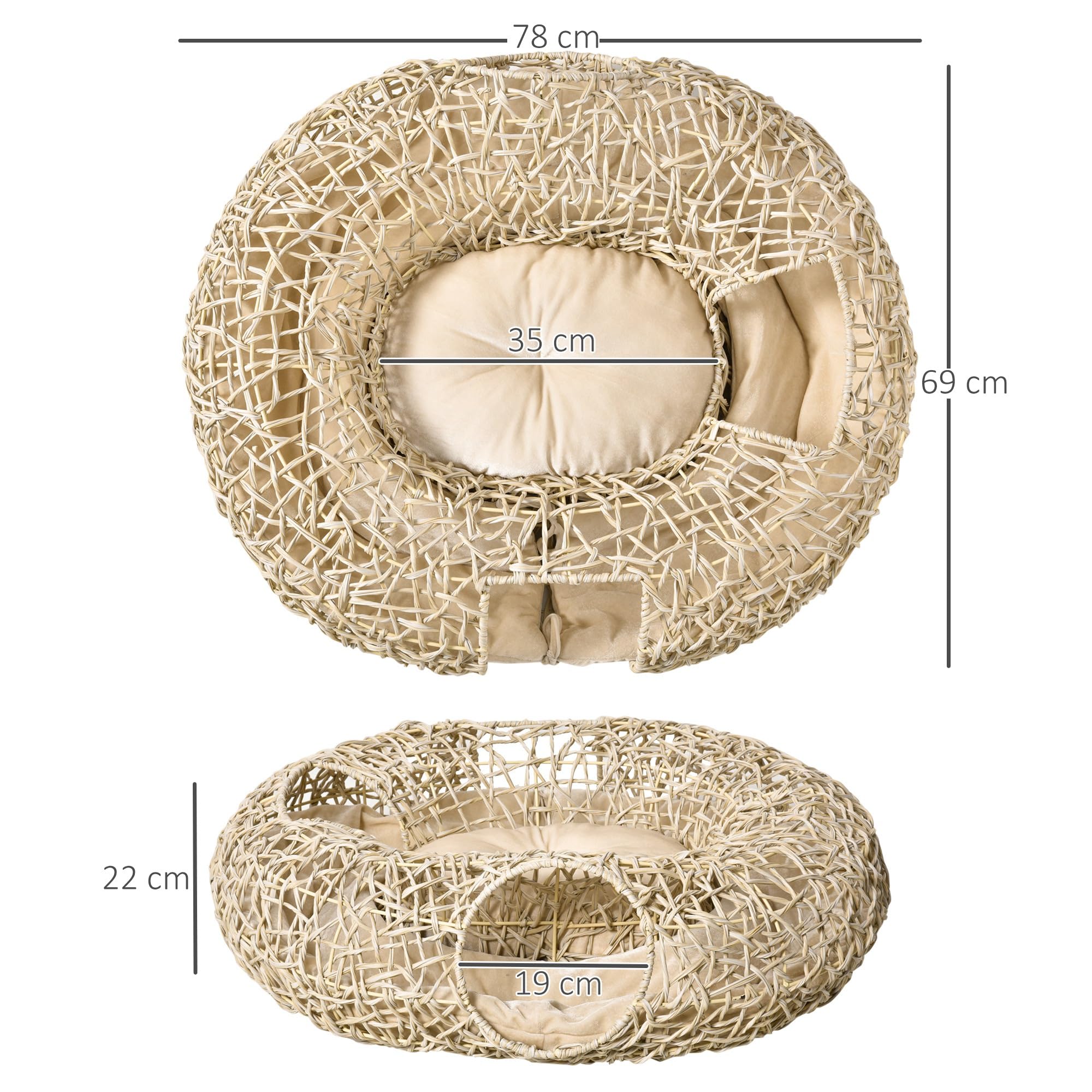 PawHut Cama de Ratán para Gatos 78x69x22 cm con Cojín Suave, 3 Orificios de Acceso y Túnel de Madera Natural