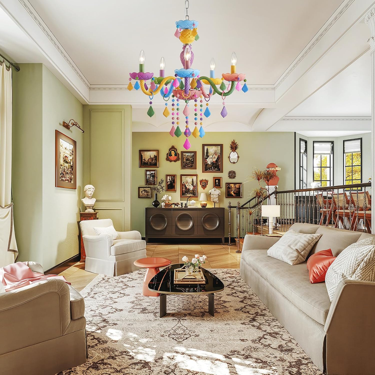 5-Lights Children Chandeliers, Modern Candy Design, Colorful Crystal Chandeliers for Bedroom, Dining Room, D22.8'' × H33.5'', Adjustable Height (33.5"~70.9"), Youth Color & Chrome Finish Frame