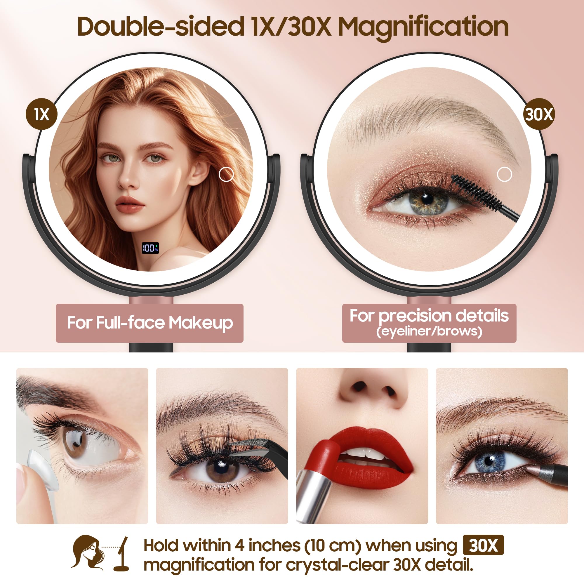 GOMIPURU Espejo de maquillaje iluminado con aumento de 30X/1X, espejo de aumento True HD con 3 luces regulables de color, altura ajustable, giro de 360°, doble cara, negro