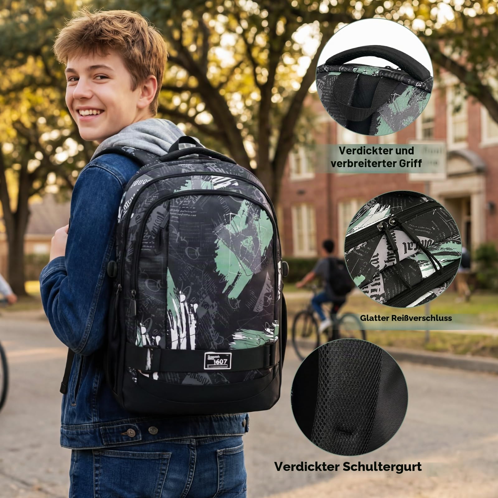 Amythe Schulranzen Jungen Teen 10-18 Jahre Laptopfach 28 L, Schwarz mit Grün