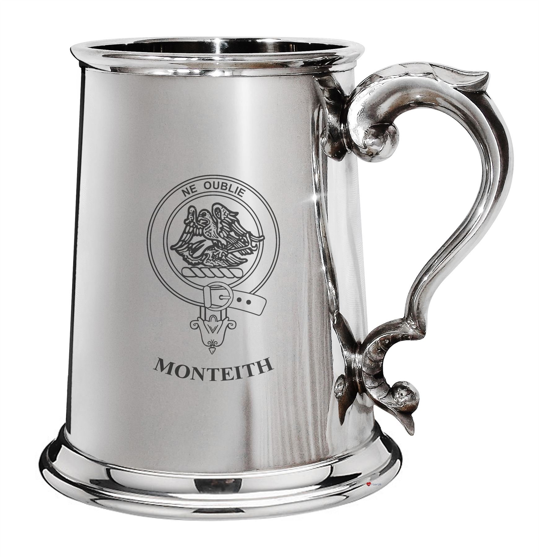 Jarra de cerveza Monteith de estaño pulido de 1 pinta con escudo de armas grabado