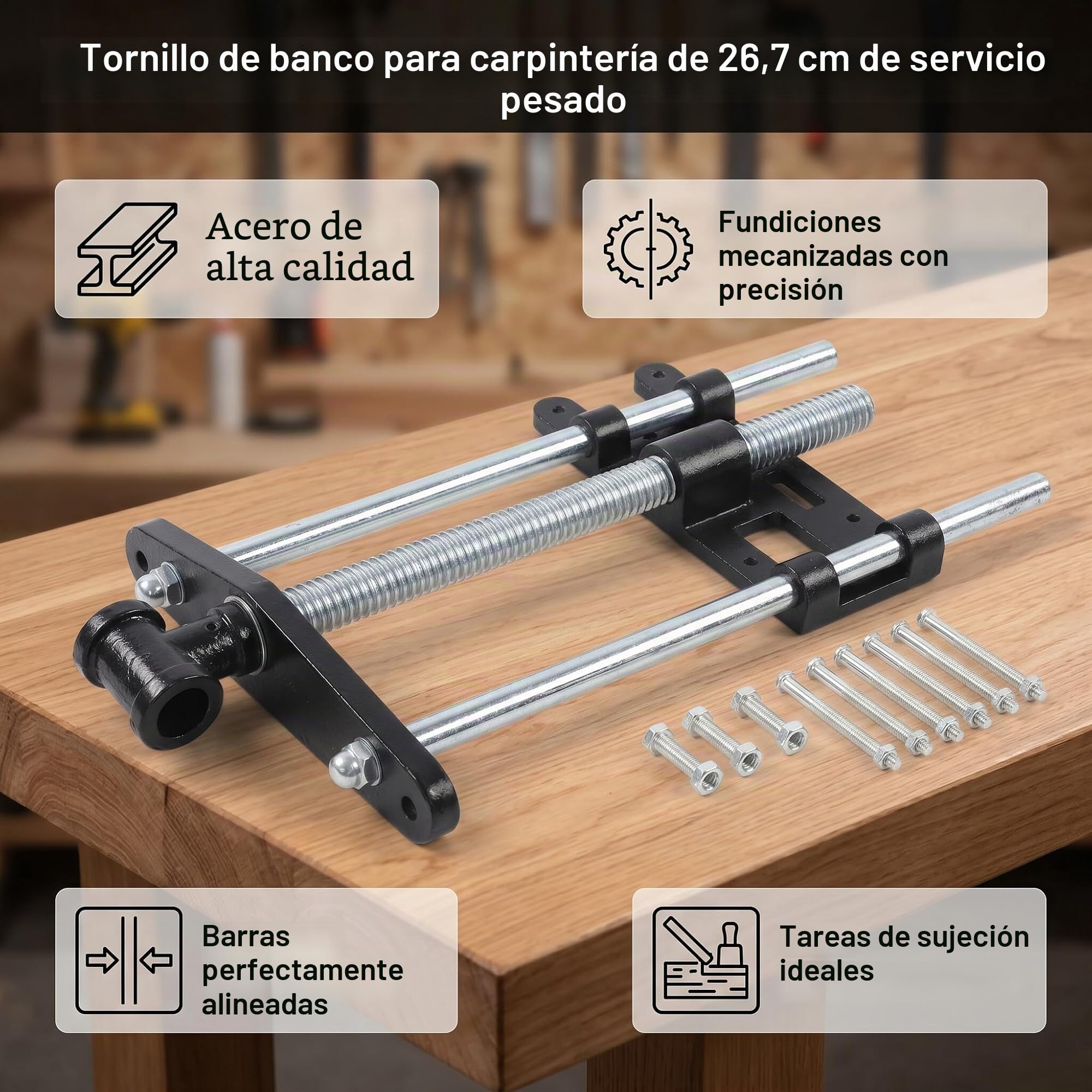 Tornillo de banco de madera, pinza delantera para banco de carpintero, 10,5 pulgadas, tornillo de mesa de carpintero, abrazadera de tornillo de metal, para trabajos de madera
