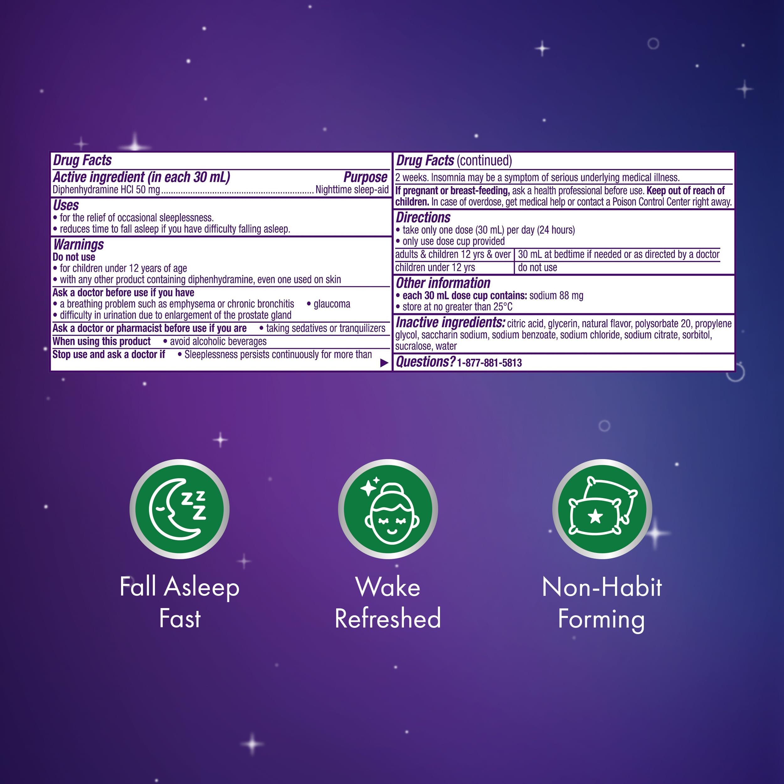 ZzzQuil Liquid Sleep Aid, Diphenhydramine 50mg HCI, Free & Clear, Free of Alcohol and Artificial Dyes, Nighttime Sleep Aid Liquid, Non-Habit Forming, Strawberry Flavored, 2 Pack, 24 FL OZ — Amazon image 9