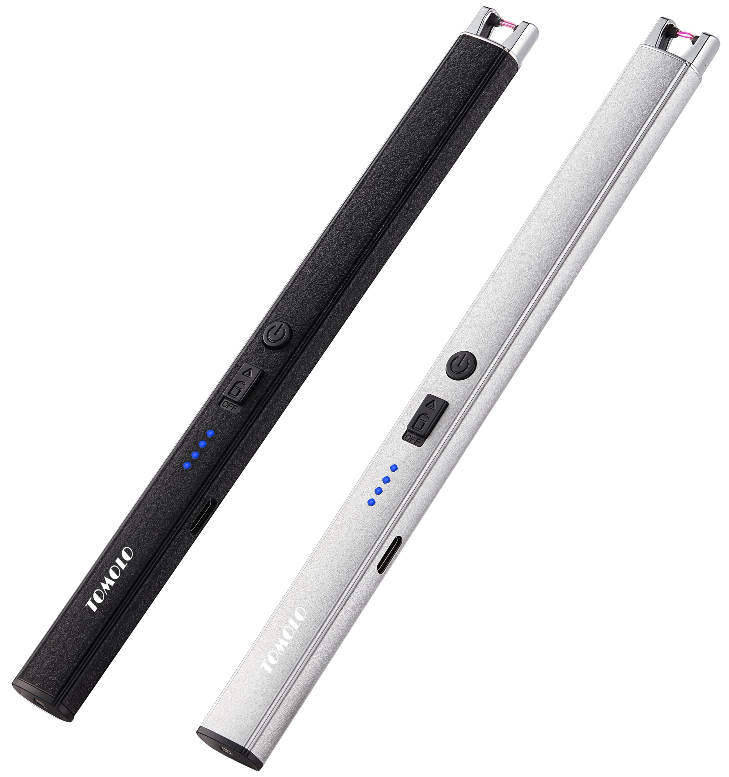 TOMOLO 2 Pack Electric Lighter – Candle Lighter Windproof & Flameless with USB Rechargeable Arc Plasma Technology, Safety Switch, for Kitchen, Candles, Fireworks (Silver, Black)