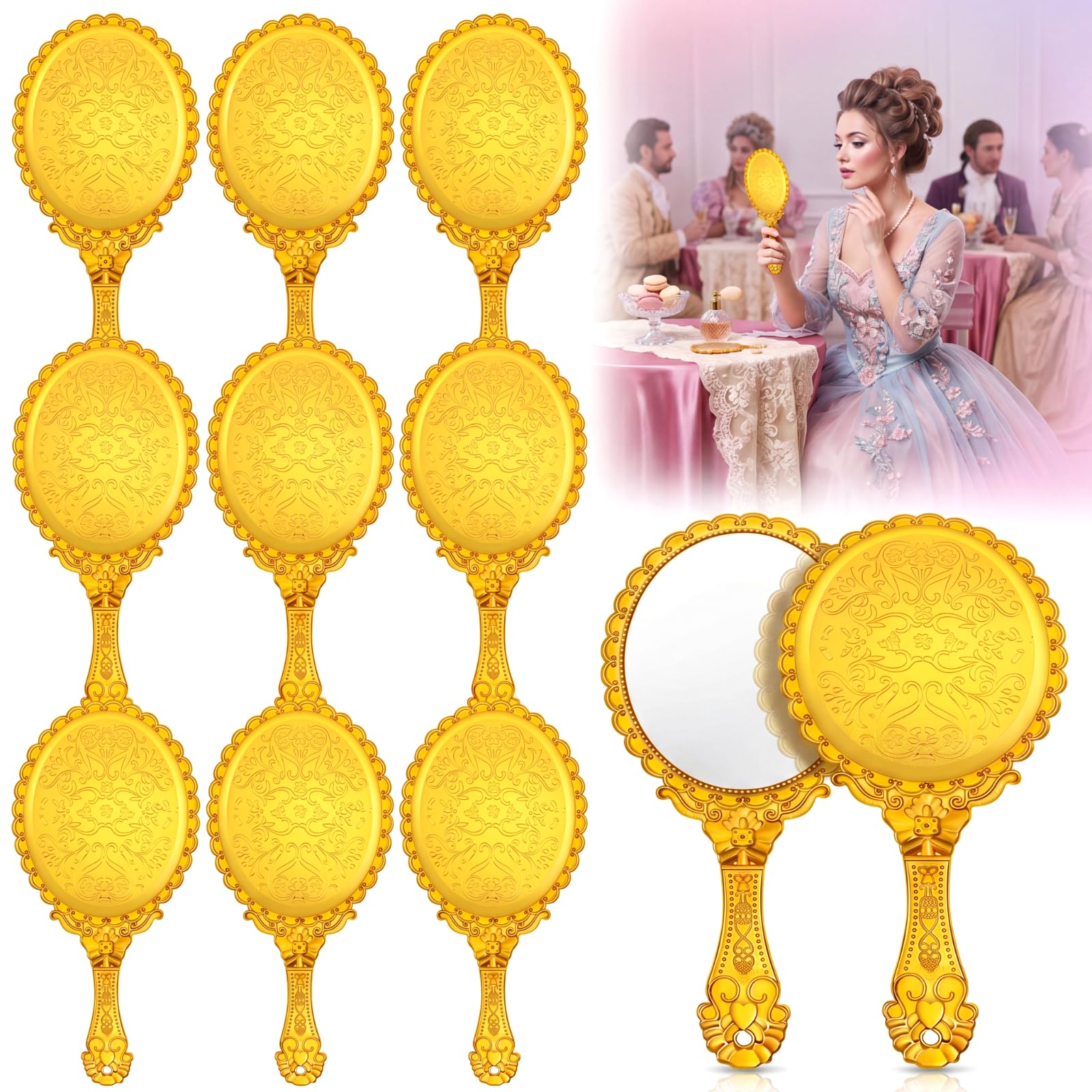 Qunclay 12 specchi portatili vintage in rilievo, portatile, carino, specchio decorativo con manico, compatto, vintage, da viaggio, specchio da trucco per ragazza (oro)
