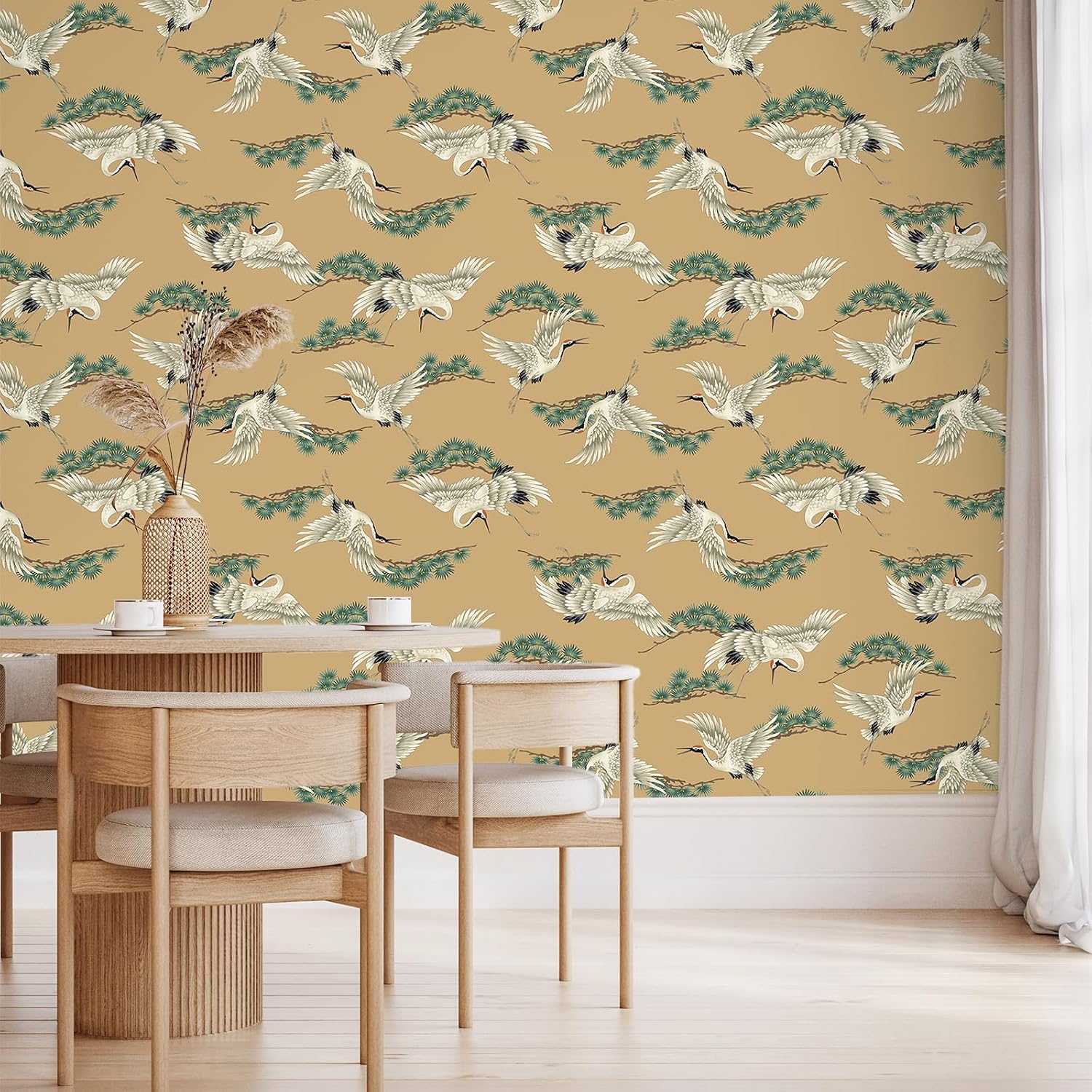 VaryStyle 17.7"x118" Chinoiserie Crane Wallpaper Antique Pine Birds Peel and Stick Wallpaper Vintage Yellow/Brown Contact Paper for Cabinets Wall Decal Self Adhesive Removable Vinyl Roll for Farmhouse