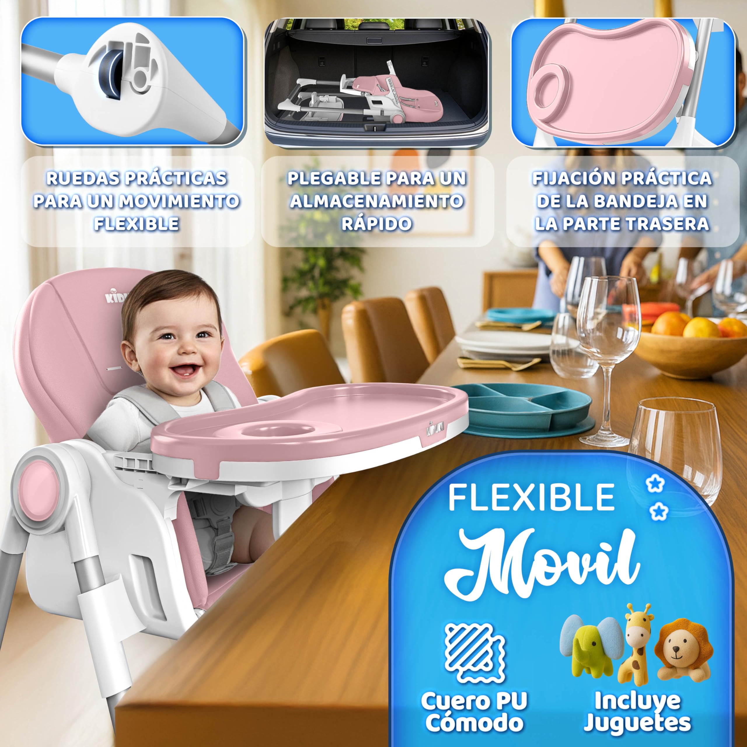 KIDUKU® Trona Bebé 3 en 1 Reclinable para Recién Nacido | Trona Infantil Plegable con Arco de Juego | Silla Evolutiva Altura Ajustable 7 Niveles | Crece con el Bebé 0-36 Meses (Rosa)