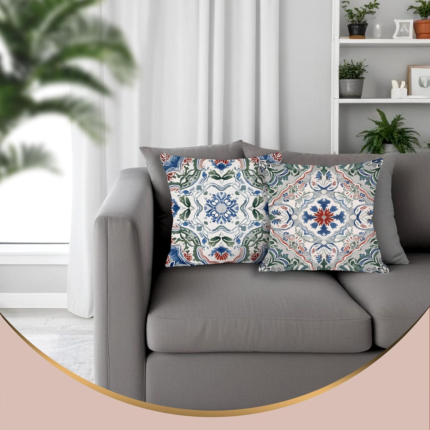 Vintage Boho Moroccan Azulejo Pillow Covers 18x18 Set of 2, Ethnic Mediterranean Tile Decorative Throw Pillow Covers for Home Bedroom Living Room