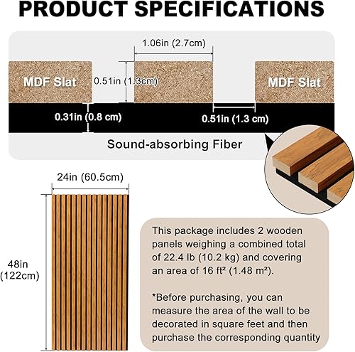 Miniatura 2 de Gaahing Paquete de 2 paneles de pared con acabado de madera, paneles acústicos de listones 3D para estudio de grabación, oficina, decoración