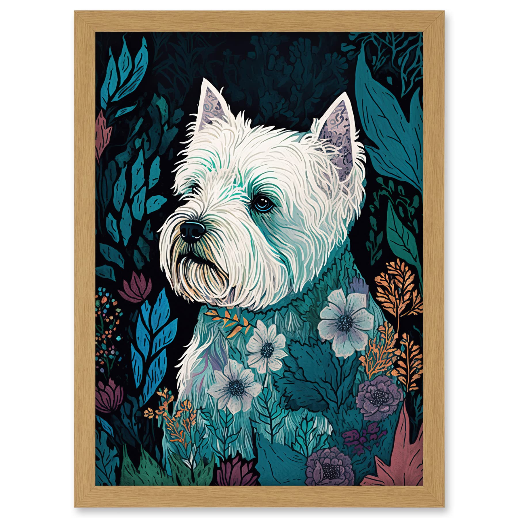 Artery8 West Highland White Terrier in Flowers Dark Multicoloured Linocut Illustration Artwork Framed A3 Wall Art Print