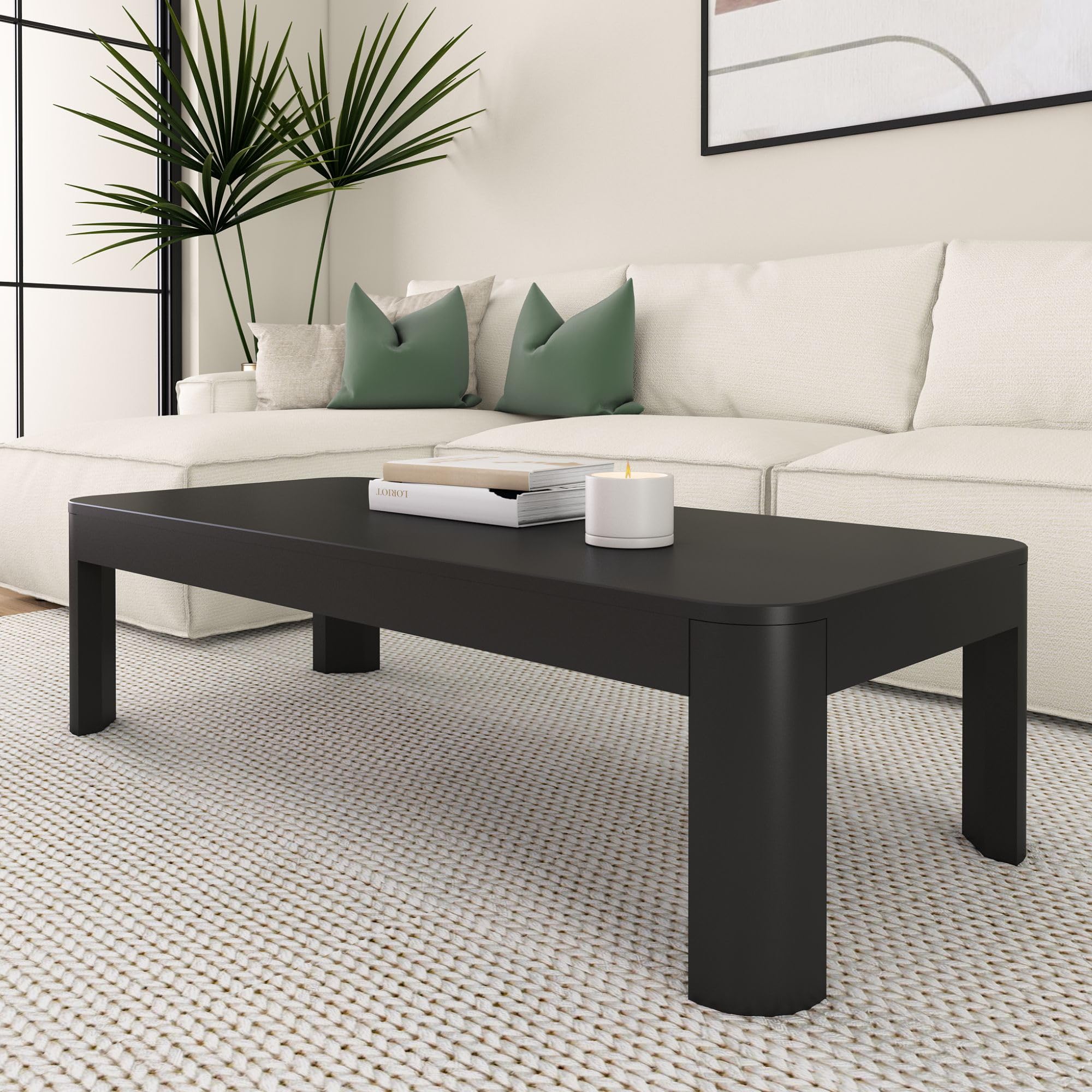 Plank+Beam Modern Rounded Coffee Table, 54 Inch, Solid Wood Contemporary Center Table for Living Room, Rectangle Tea Table, Black