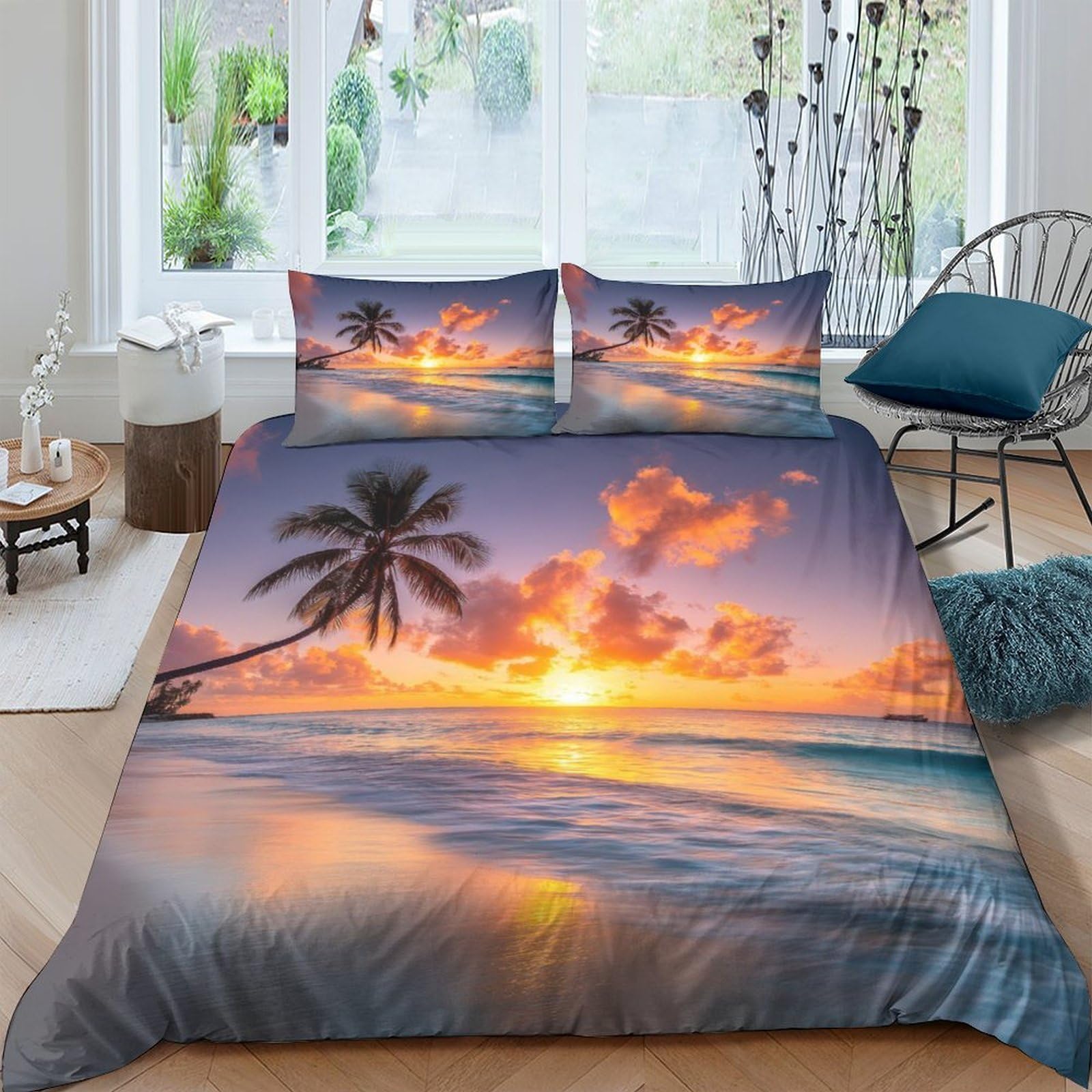 Ctjqhvkz Style-9 3D Printed Sunset Beach Fitted Sheet Microfiber Soft Breathable Palm Tree Mattress Cover Bedroom Decor Single（135X200cm）