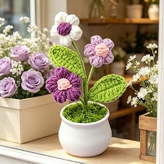 Crochet Flowers, Cute Desk Decor, Handmade Sunflower and Puff Flower Pots | Mini Potted Plant Decorations