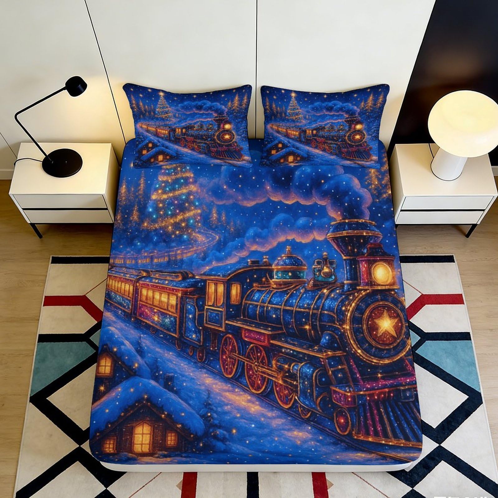 3D Printed Steam Train Fitted Sheet Microfiber Deep Pocket Non-Slip Bedroom Bedding Steam Train Mattress Fitted Cover for Home 200x200x25cm 90x200x25cm