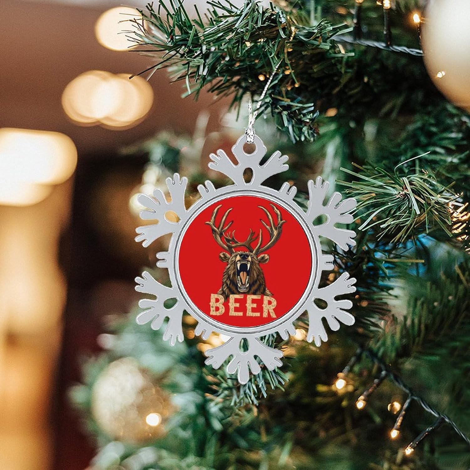 Bear Deer Funny Beer Personalized Christmas Snowflake Ornaments Custom Xmas Tree Hanging Decoration for Party Holiday