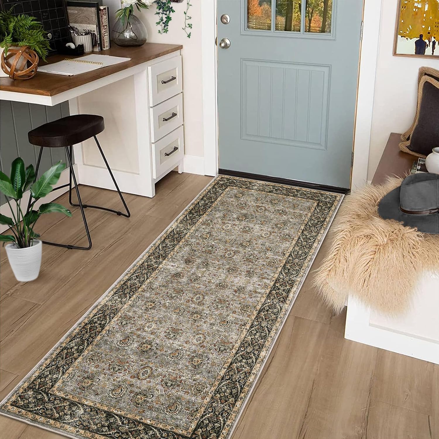 GarveeHome Vintage Washable Runner Rug 2x6 Grey Blue Floral Kitchen Runner Rugs Non Slip Thin Printed Distressed Indoor Throw Carpet for Hallway Bedroom Bedside Laundry Room Bathroom