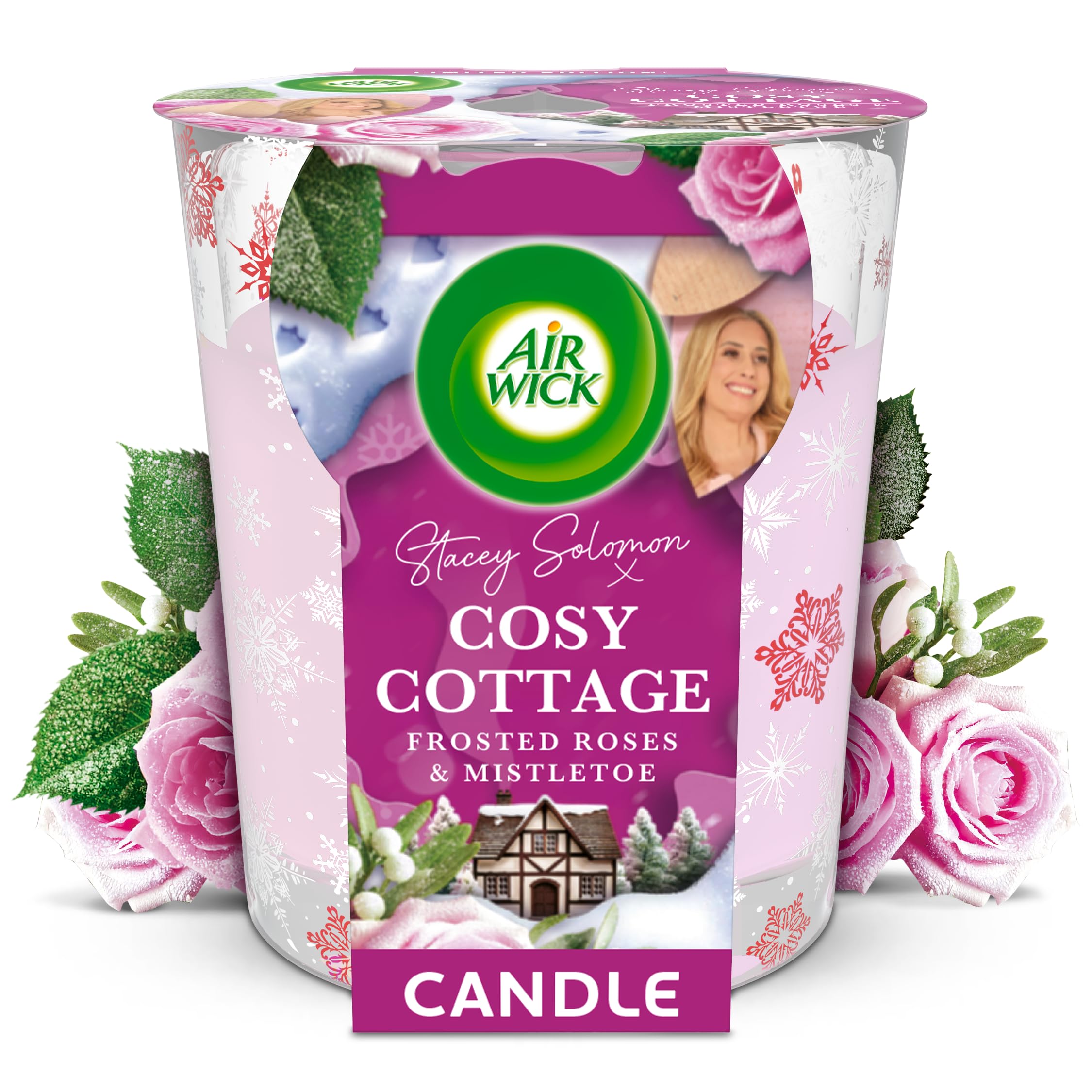 Air Wick Christmas Candle, Cosy Cottage, Frosted Roses & Mistletoe Candle 105g