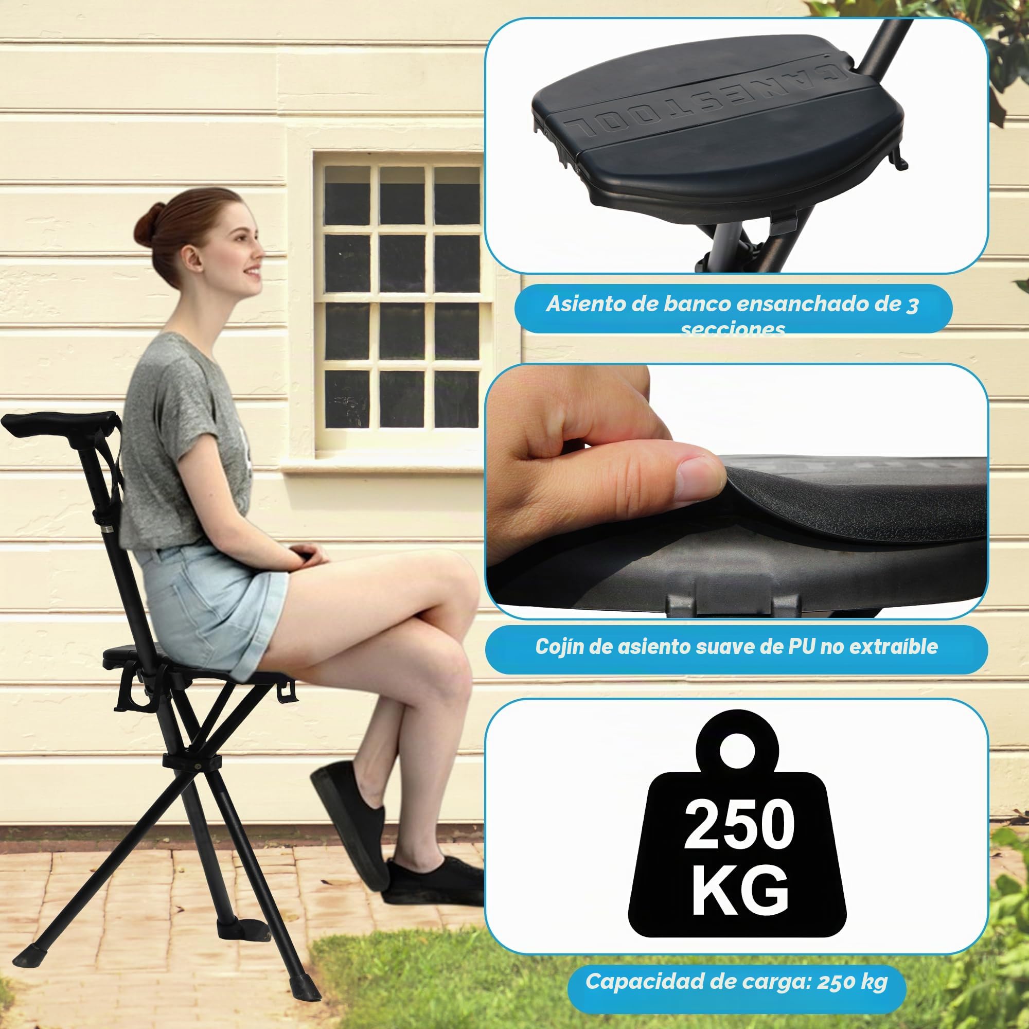 Bastón Mejorado con Asiento, bastón Plegable portátil, Bastones Ajustables para Mujeres y Hombres, bastón retráctil de Altura para Ancianos y Mujeres, Viajes al Aire Libre