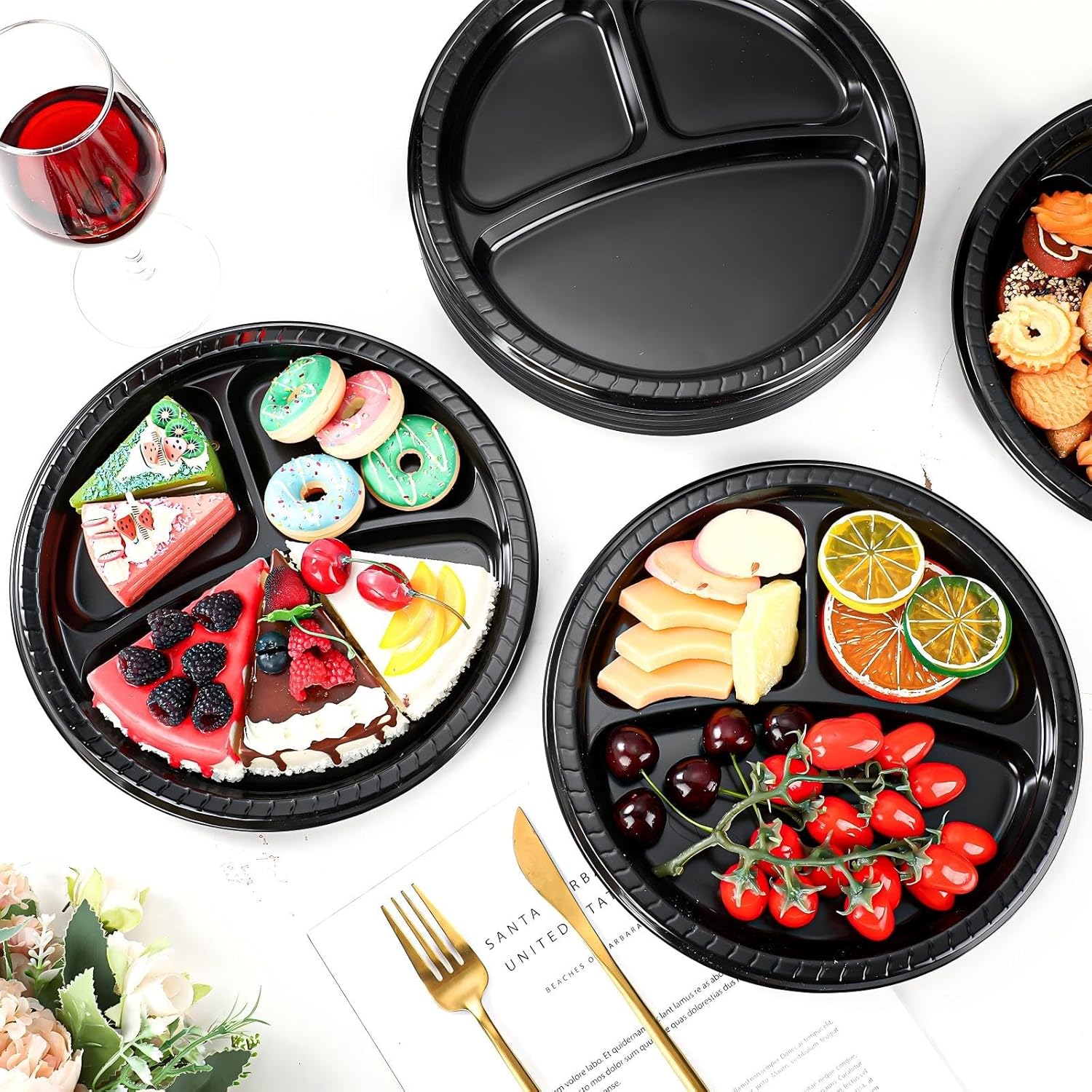 50 Pcs 10 Inch Plastic 3 Compartment Divided Plates Heavy Disposable Plates Duty Round Dinner Plates with Dividers for Wedding Birthday Party Dinnerware(Black) - Image 3