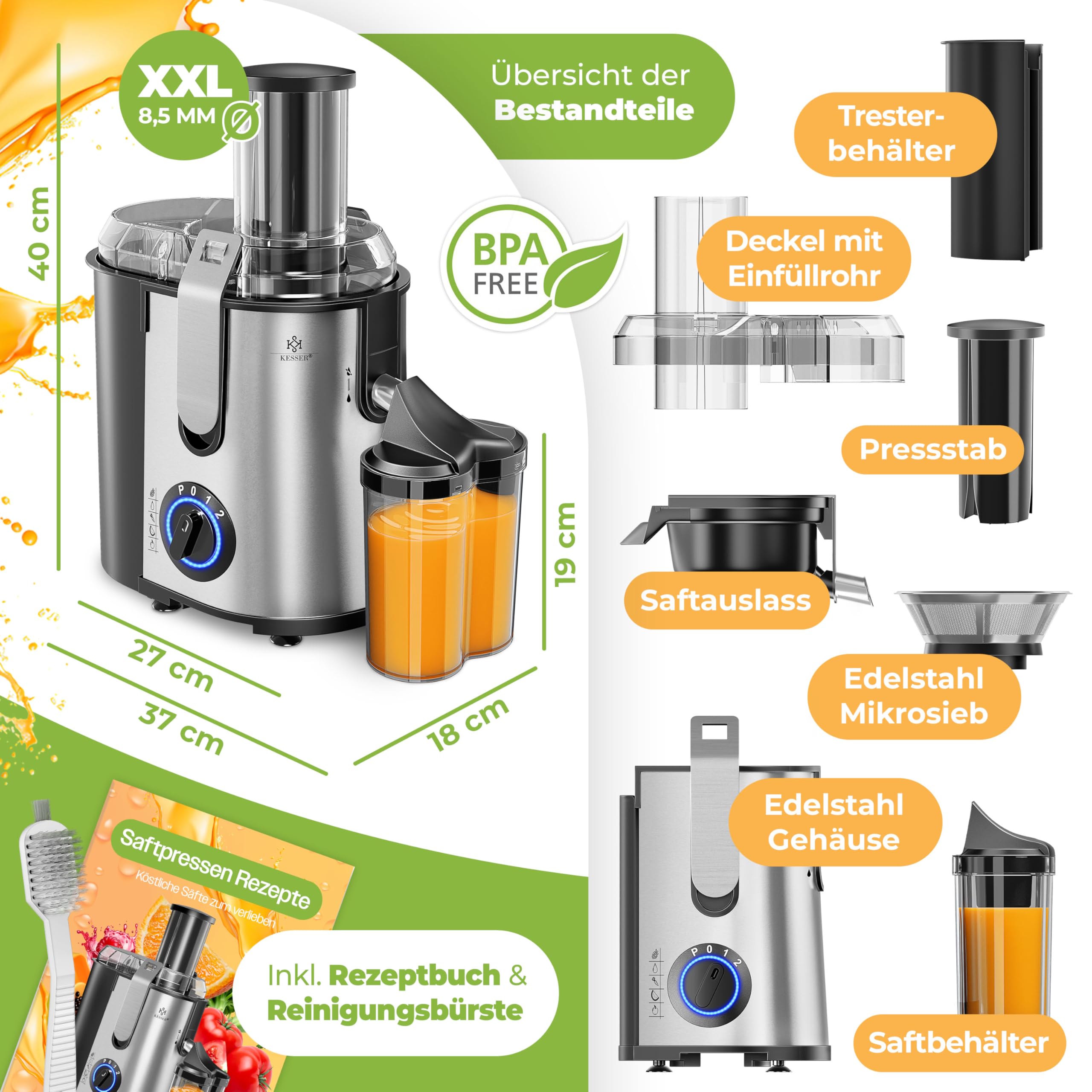 KESSER Zentrifuge Entsafter 1100W Edelstahl, Große Fütterungsröhre, 3 Stufen, Elektrische Saftpresse, Grau/Silber