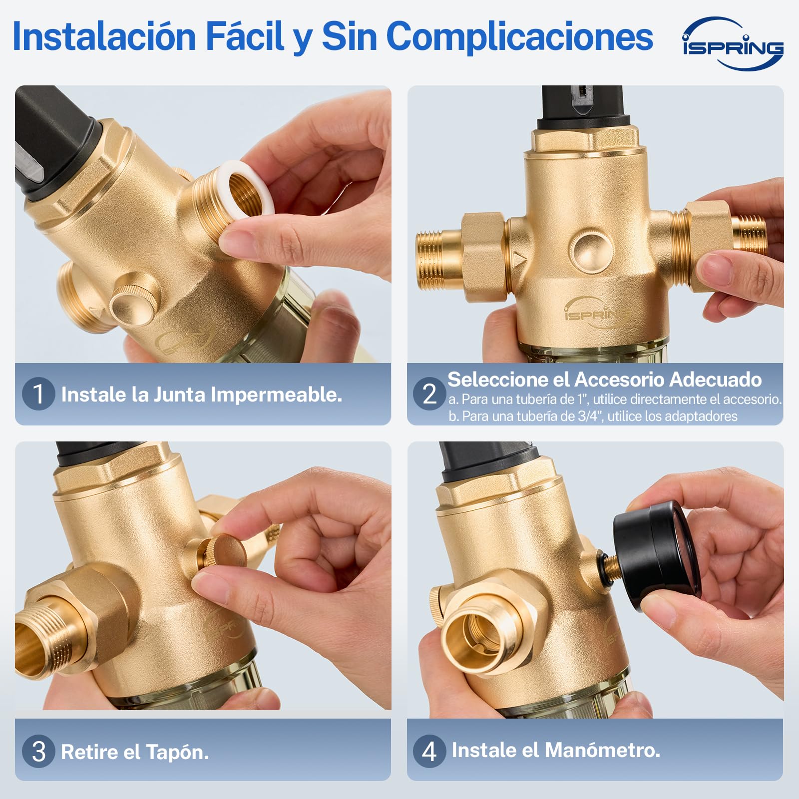 iSpring WSP50PRG Filtro de Sedimentos de 3/4''-1'' con Reductor de Presión, Filtro de Agua Reutilizable para Toda la Casa, Latón sin Plomo, Prefiltro de Filtración de 50 Micras