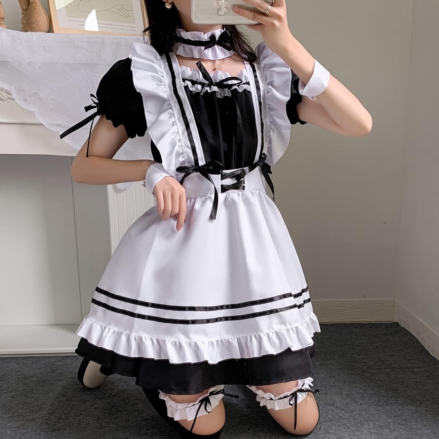 Anime Cosplay French Maid Outfit Dress Maid Costume Set Apron Cute Lolita Dress Ear Socks Sets - Image 6