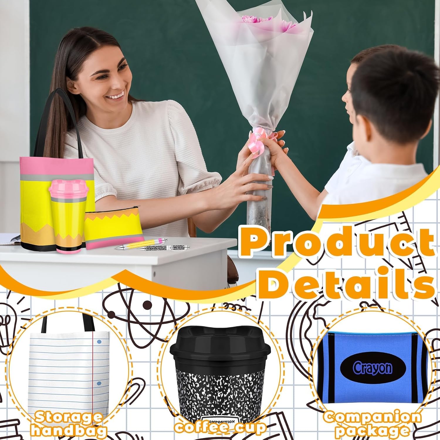48 Pcs Teacher Appreciation Gifts 4 Style School Themed Tote Bags Platic Cups Pen Bgs Ballpoint Pen Teacher Thank You Gift for Teachers' Day Classroom Back To School Party Supplies (48)