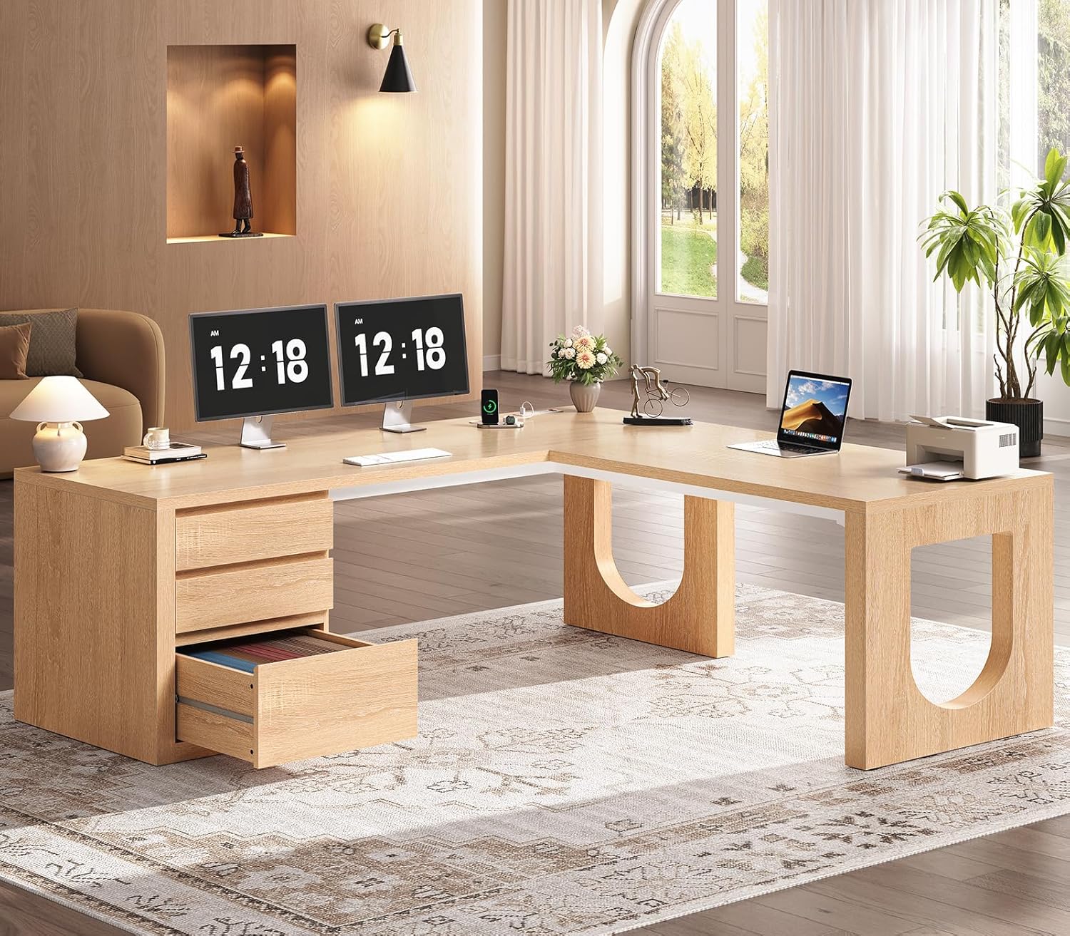 SEDETA 63" L Shaped Desk with 3 Drawers, Modern Executive Office Desk with File Drawer, Wood Corner Computer Desk with Relief Texture, Home Office Desk with Power Outlet, Natrual